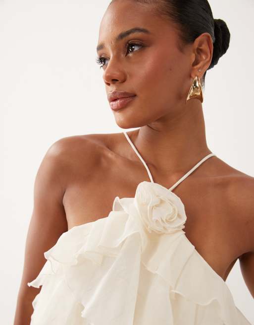 Gina Tricot - Robe courte dos nu à volants avec grosse rose - Blanc cassé, 2 de 4