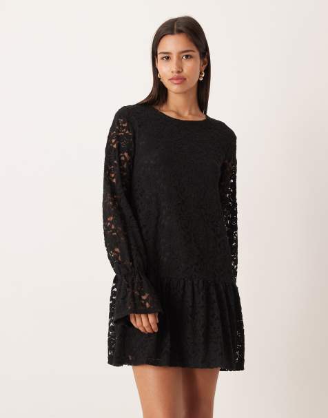 Gina Tricot - Robe courte en dentelle avec manches longues et évasées - Noir - view 1