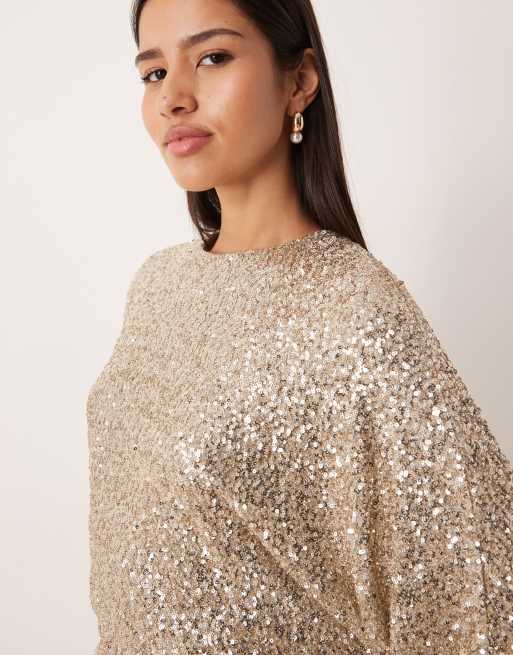 Gina Tricot - Robe courte ornée de sequins avec manches longues et dos ouvert - Doré, 3 de 4