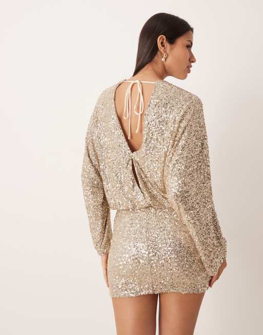 Gina Tricot - Robe courte ornée de sequins avec manches longues et dos ouvert - Doré, 4 de 4