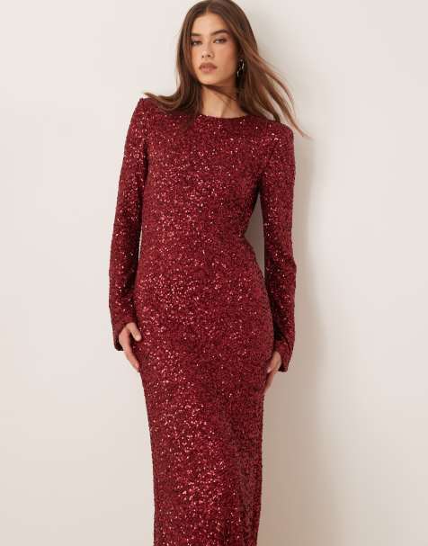 Gina Tricot - Robe longue à sequins avec manches évasées et dos ouvert - Rouge foncé - view 1