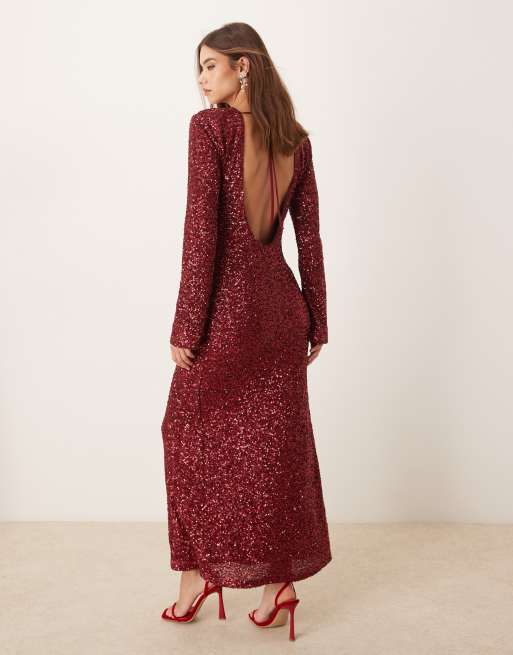 Gina Tricot - Robe longue à sequins avec manches évasées et dos ouvert - Rouge foncé, 3 de 4
