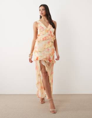 Gina Tricot - Robe longue à volants étagés - Rose fleuri style aquarelle
