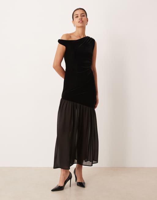 Gina Tricot - Robe longue avec jupe en tulle et épaule dénudée à détail torsadé - Noir