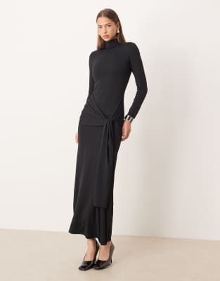 Robe longue douce nouée sur le devant à manches longues avec dos échancré - Noir XL
