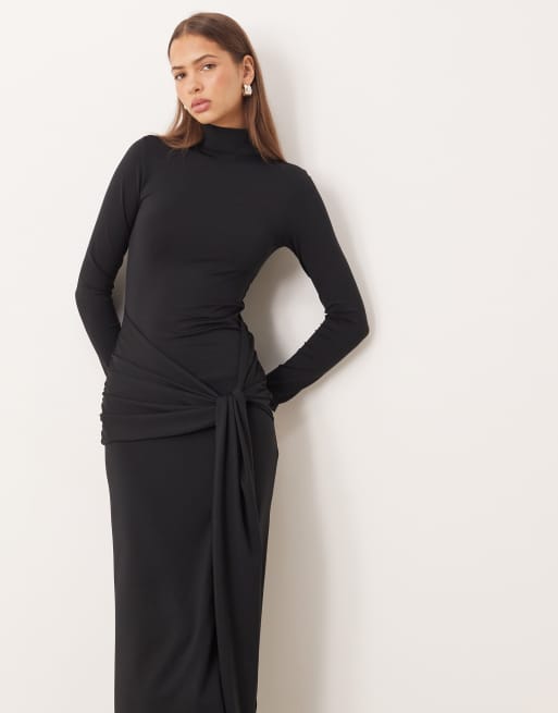Gina Tricot - Robe longue douce nouée sur le devant à manches longues avec dos échancré - Noir, 3 de 4
