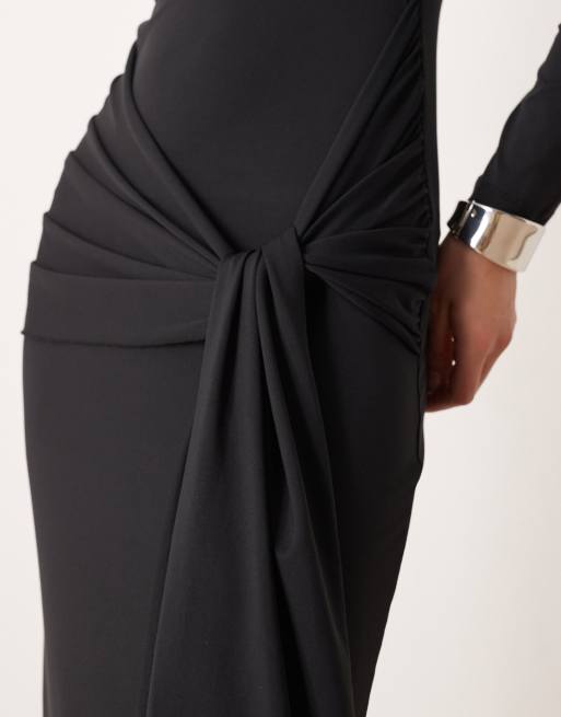 Gina Tricot - Robe longue douce nouée sur le devant à manches longues avec dos échancré - Noir, 4 de 4
