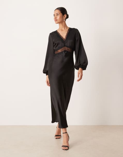 Gina Tricot - Robe longue en satin et dentelle avec col V et manches volumineuses - Noir - view 1