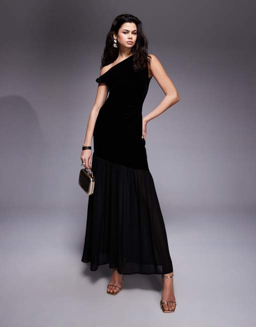 Gina Tricot - Robe longue en velours à épaule dénudée et détail torsadé avec jupe en tulle - Noir