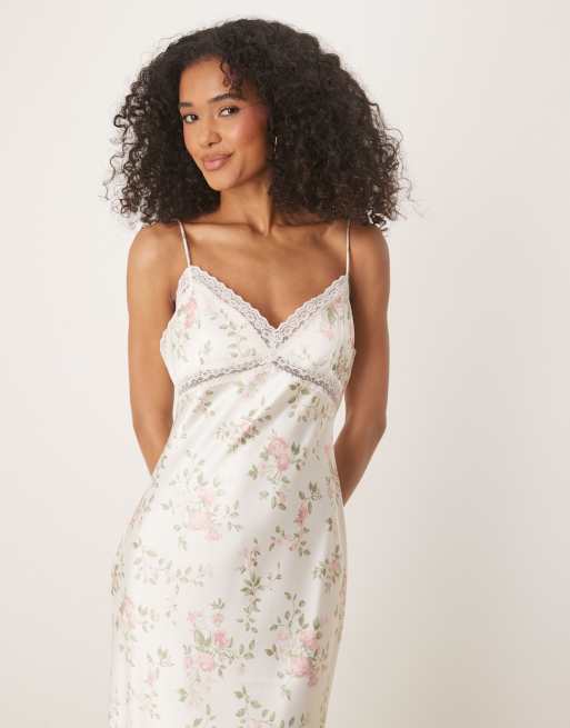 Gina Tricot - Robe longue satinée à fleurs avec bords en dentelle - Blanc, 4 de 4
