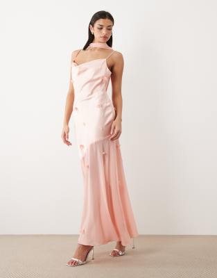 Gina Tricot - Robe longue transparente à col bénitier avec fleurs en relief - Rose