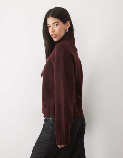 Gina Tricot Rollkragenpullover mit weiten Ärmeln in Burgunderrot, 3 von 4