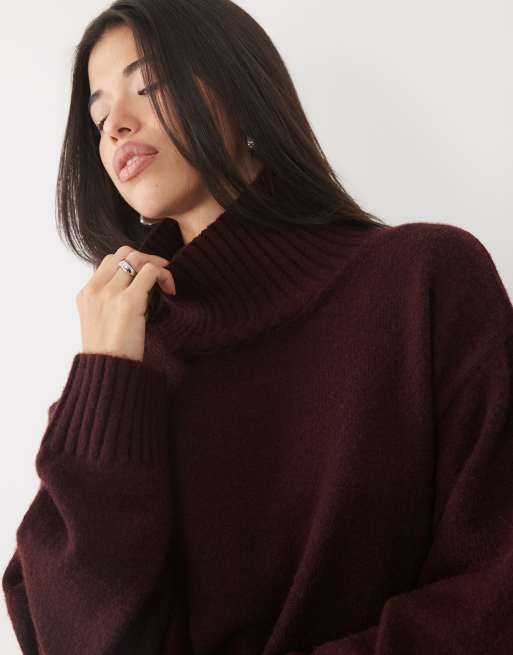 Gina Tricot Rollkragenpullover mit weiten Ärmeln in Burgunderrot, 4 von 4