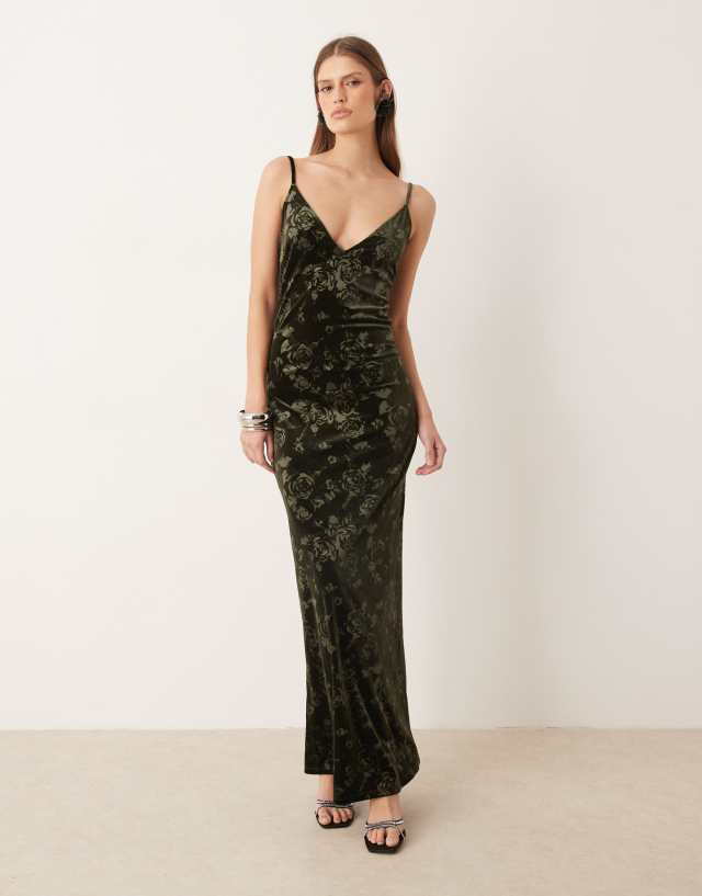 Gina Tricot rose jacquard velvet maxi dress in dark green