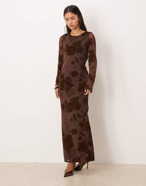 Gina Tricot rose print mesh burnout open back maxi dress in dark brown - view 1