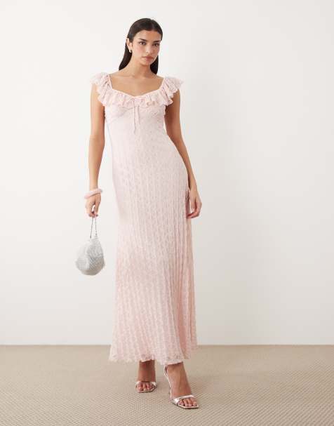 Gina Tricot – Różowa koronkowa sukienka maxi z falbanką - view 1