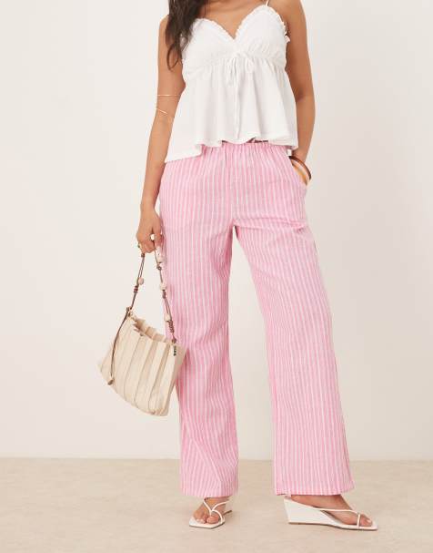 Gina Tricot wide leg linen trousers with drawstring waist in pink stripe