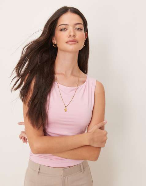 Gina Tricot Soft Touch jersey top with drape boat neck and ruched side detail in pink