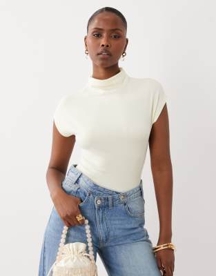 Gina Tricot Ruched Funnel Neck Short Sleeve Top In Neutral
