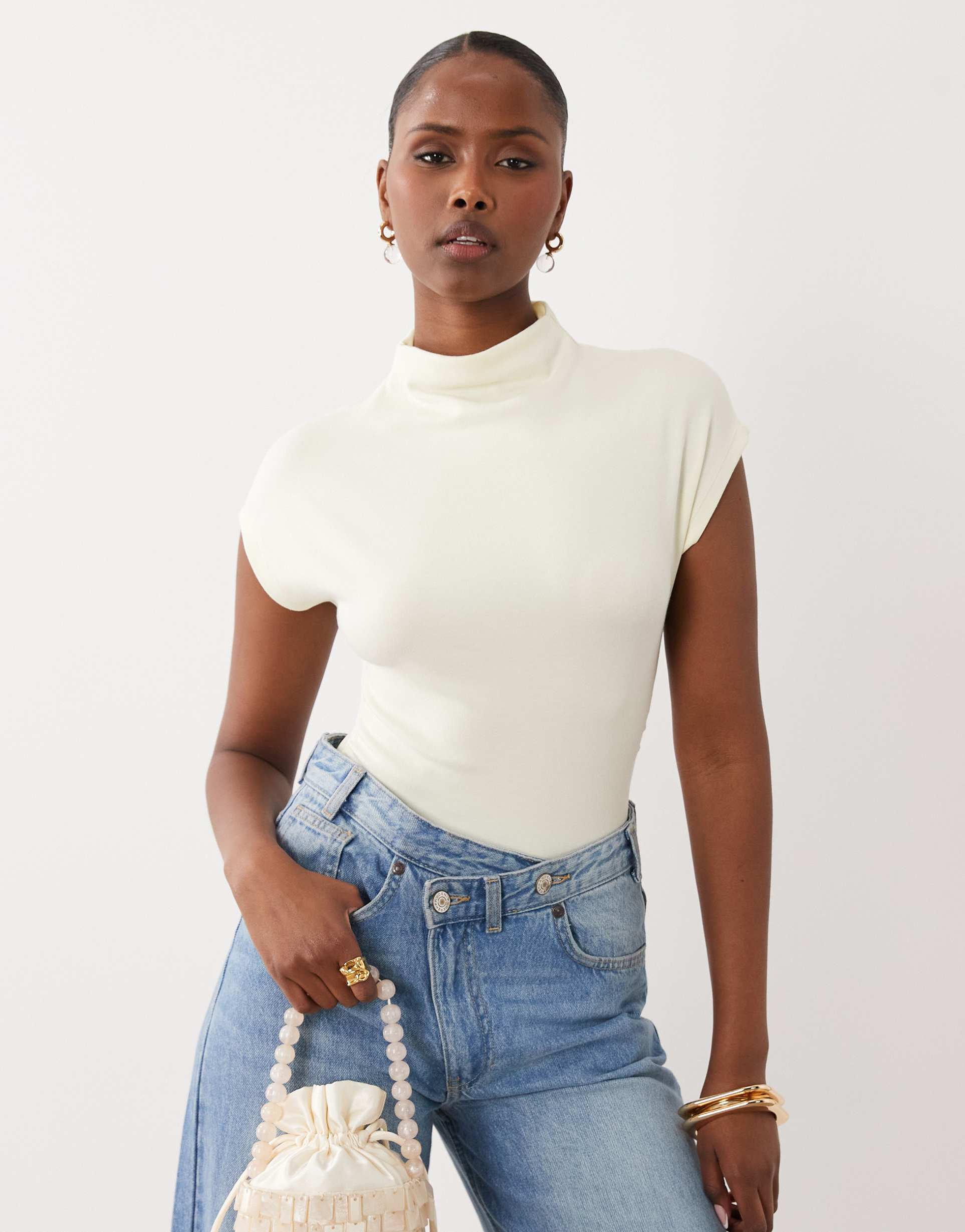 gina tricot ruched funnel neck short sleeve top in yellow