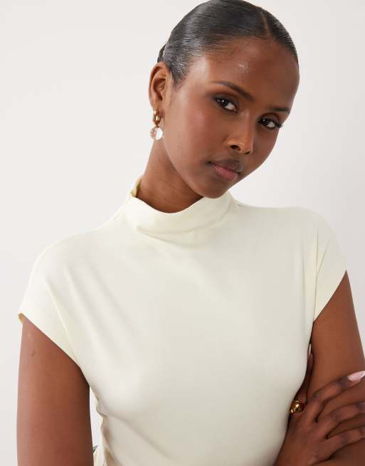 Gina Tricot ruched funnel neck short sleeve top in yellow, 3 of 4