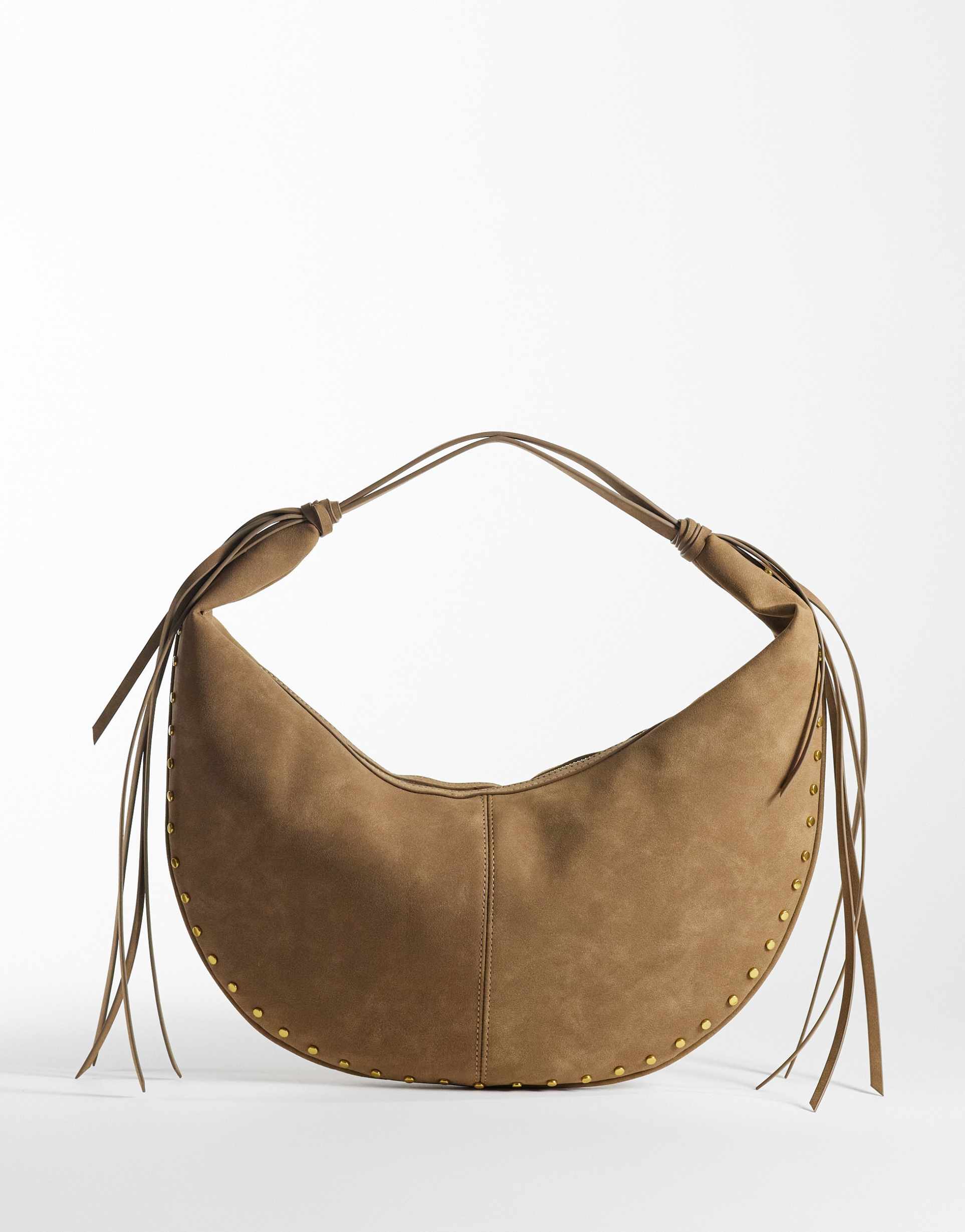 gina tricot ruched suede tote bag with long straps in chocolate brown