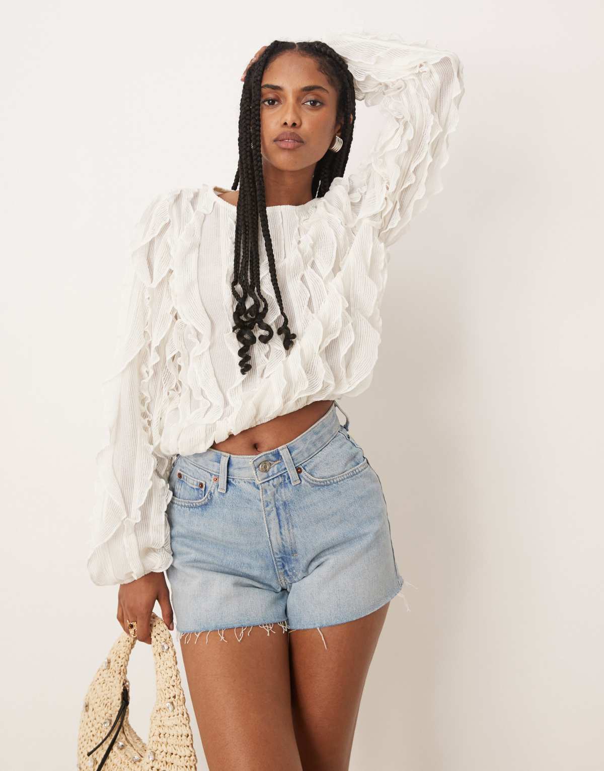 Gina Tricot ruffle top with volume sleeves in ecru white
