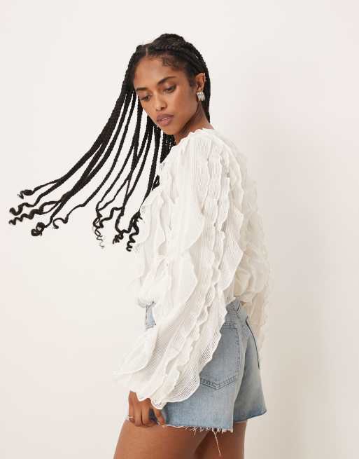 Gina Tricot ruffle top with volume sleeves in ecru white, 2 of 4