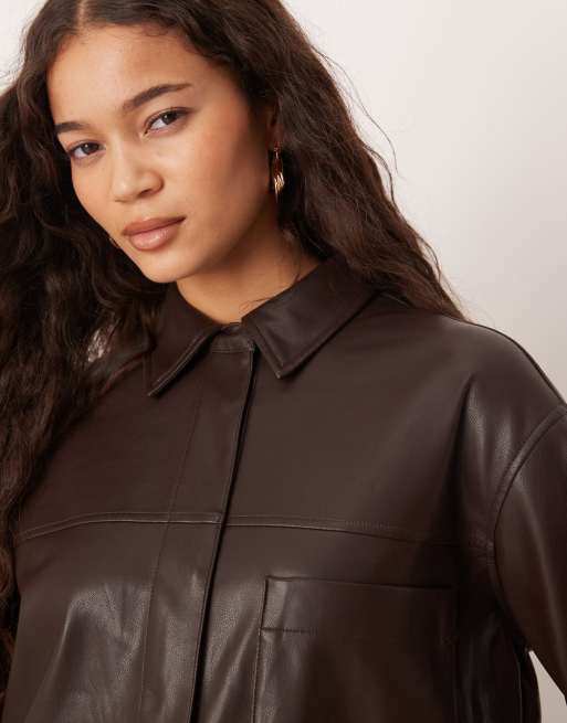 Gina Tricot - Ruimvallend overhemd van PU in donker chocoladebruin, 3 van 4