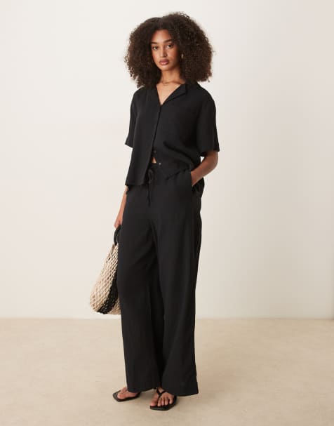 Gina Tricot - Ruimvallende co-ord set van gaas met overhemd met korte mouwen en broek in zwart - view 1