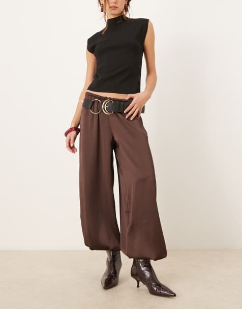 Gina Tricot satin balloon pants in chocolate brown - view 1