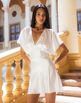 Gina Tricot satin batwing mini dress in off white 