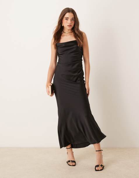 Gina Tricot satin bias cut maxi dress with low back lace insert in black - view 1