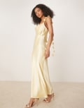 [GINA TRICOT] Gina Tricot satin cowl neck dress with 3D floral applique in lemon yellow 42 Lemon Yellow