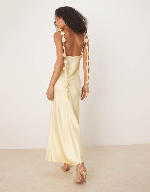 Gina Tricot satin cowl neck dress with 3D floral applique in lemon yellow
