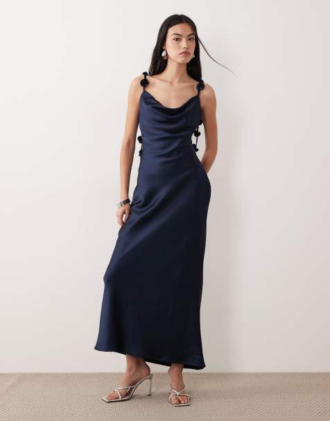 Gina Tricot satin cowl neck midi dress with 3D floral applique in navy - view 1