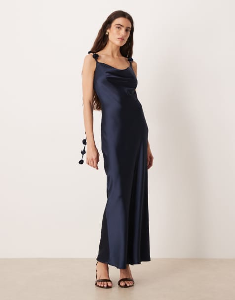 Gina Tricot satin cowl neck midi dress with 3D floral applique in navy