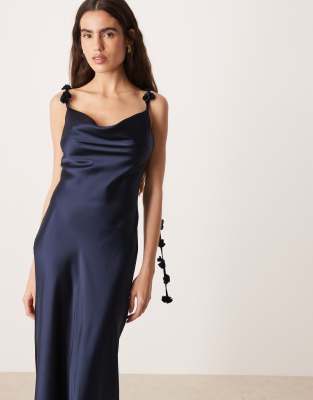 Gina Tricot Satin Cowl Neck Midi Dress With 3d Floral Applique In Blue