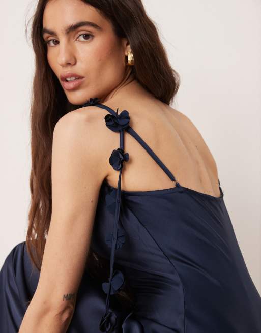 Gina Tricot satin cowl neck midi dress with 3D floral applique in navy
