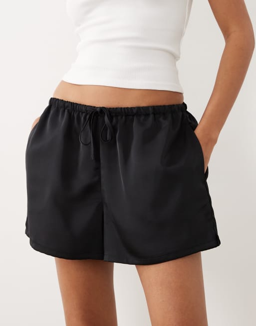 Gina Tricot satin drawstring shorts in black, 4 of 5
