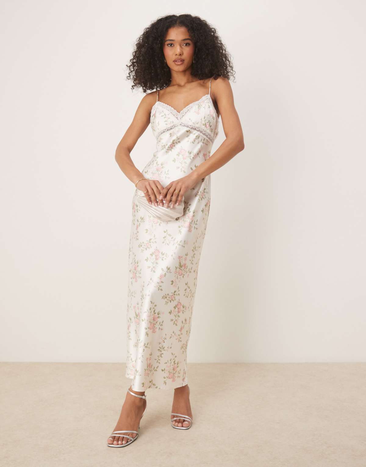 Gina Tricot satin floral maxi dress with lace tim in white floral