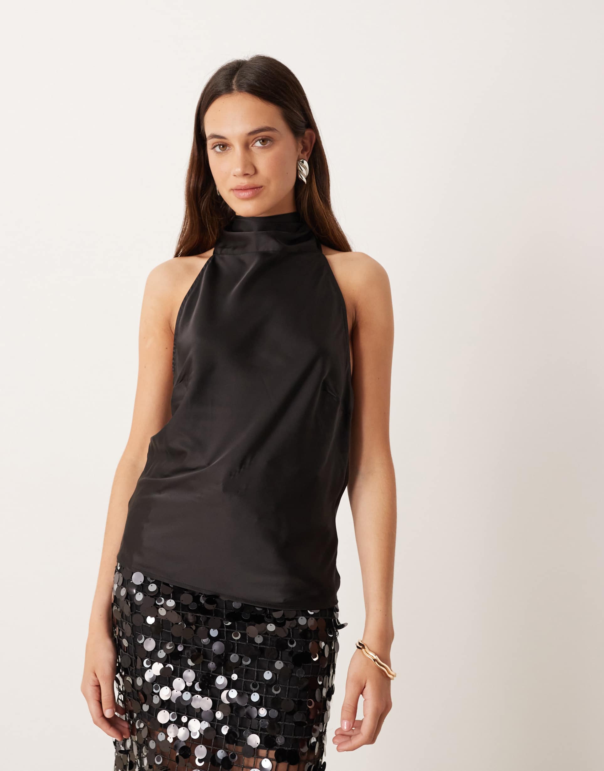gina tricot satin halterneck blouse top in black