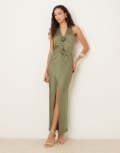 [GINA TRICOT] Gina Tricot satin halterneck maxi dress in khaki-Green 38 khaki