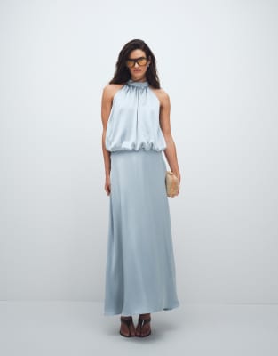 Gina Tricot Satin Halterneck Maxi Dress In Blue