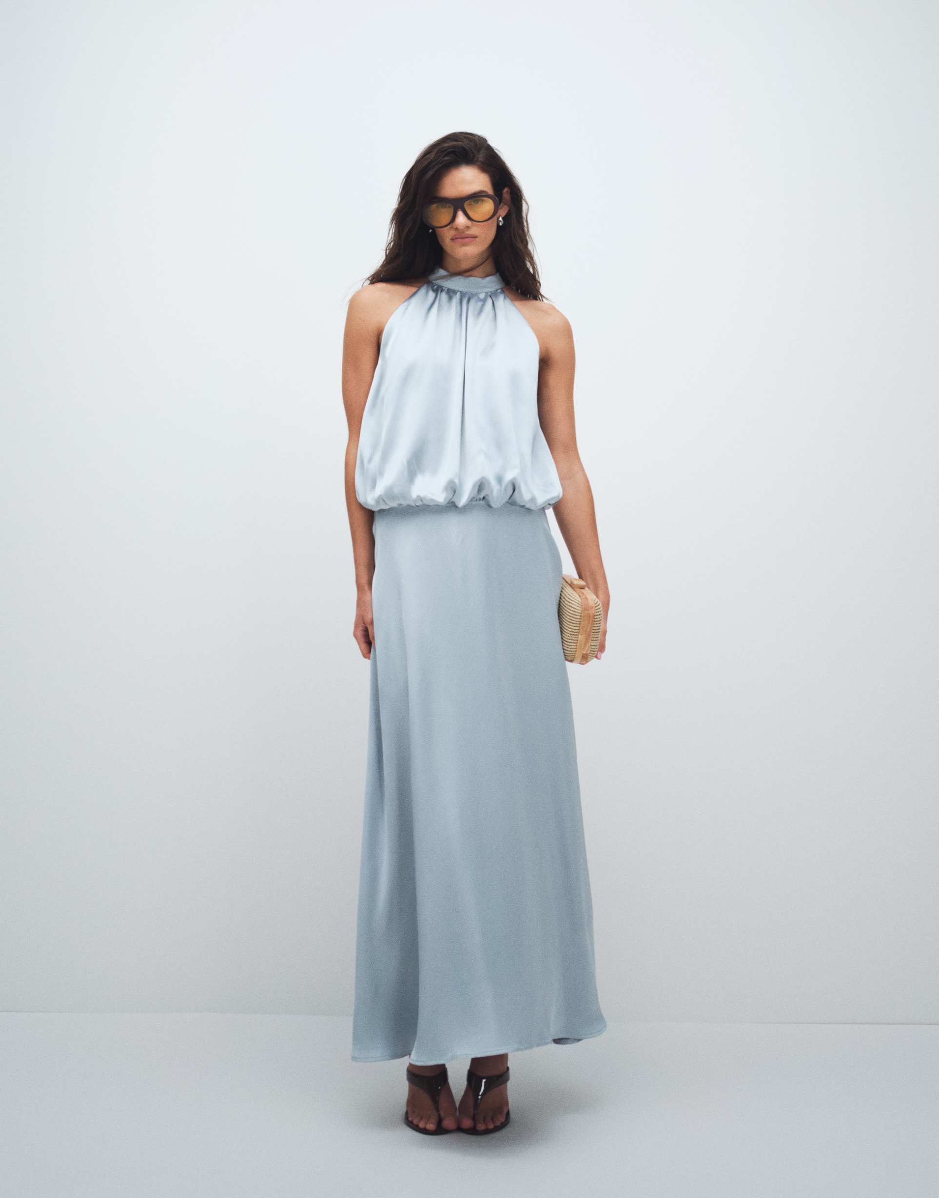 gina tricot satin halterneck maxi dress in light blue