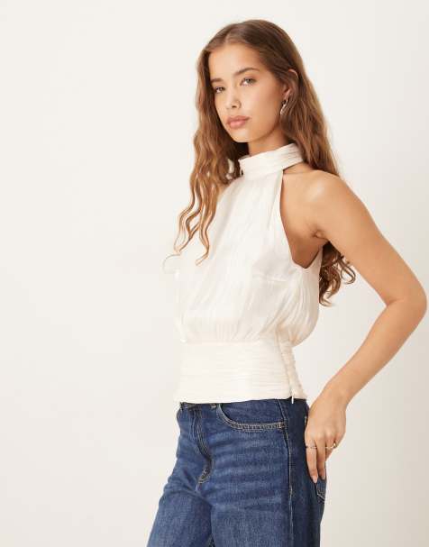 Gina Tricot satin halterneck top with cinched waist in off white - view 1