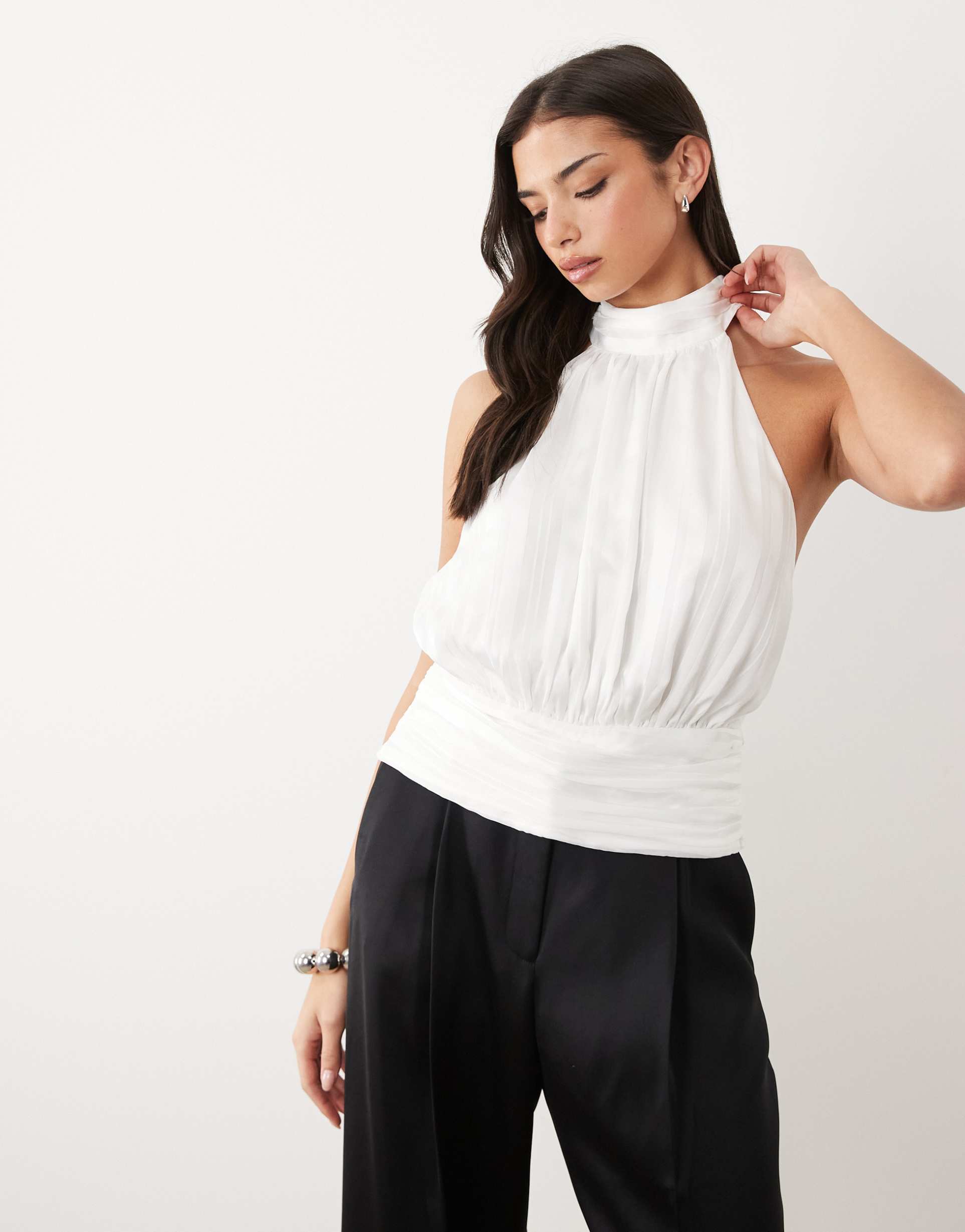 gina tricot satin halterneck top with cinched waist in off white