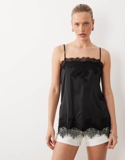 Gina Tricot satin lace detail tank top in black - view 1