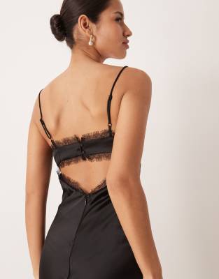 Gina Tricot Satin Lace Maxi Dress In Black