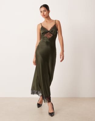 Gina Tricot Satin Lace Maxi Dress In Green
